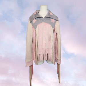 Molly Green Aurelia Star Fringe Western Faux Suede Coachella Pink Blue Jacket L